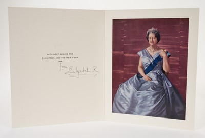 Lot 61 - H.M.Queen Elizabeth The Queen Mother, signed 1968 Christmas card with gilt crown to cover, photograph of a portrait of The Queen Mother to the interior, signed 'from Elizabeth R'. Provenance: given...