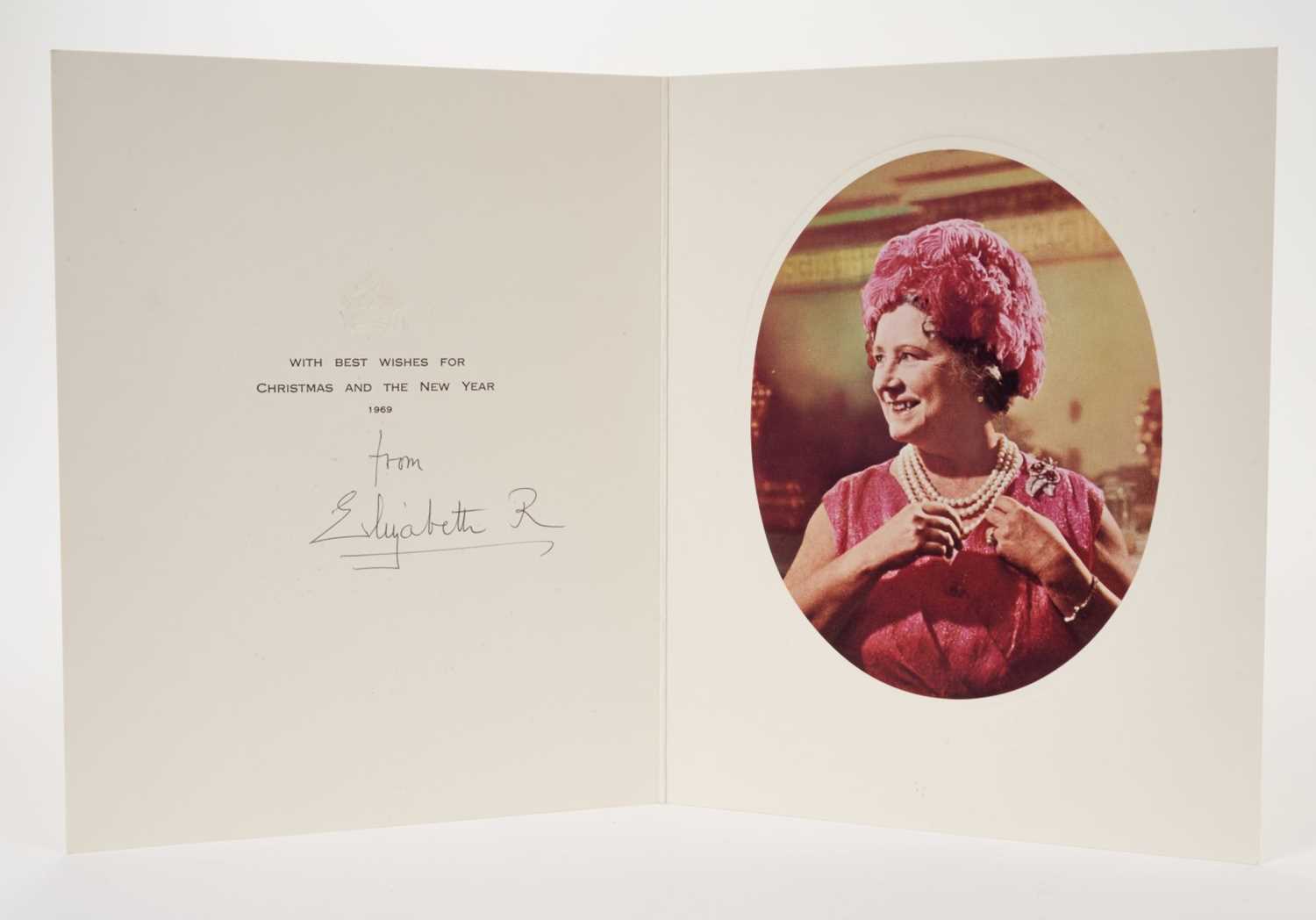 Lot 62 - H.M.Queen Elizabeth The Queen Mother, signed 1969 Christmas card with gilt crown to cover, photograph of The Queen Mother in a pink ensamble to the interior, signed 'from Elizabeth R'. Provenance:...