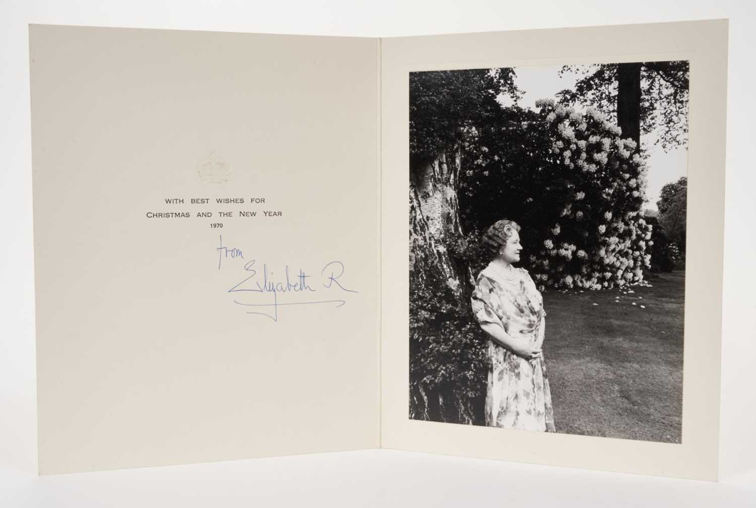 Lot 63 - H.M.Queen Elizabeth The Queen Mother, signed 1970 Christmas card with gilt crown to cover, photograph of The Queen Mother in the garden of White Lodge, Windsor to the interior, signed 'from Elizabe...