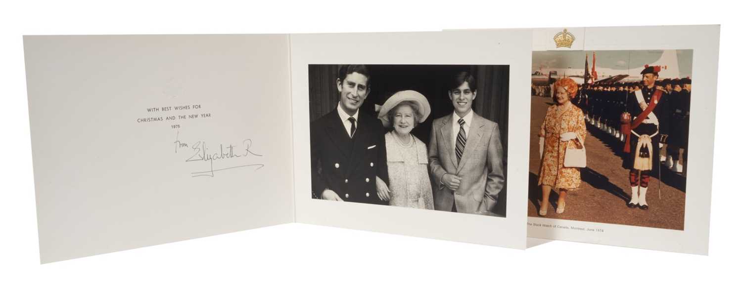 Lot 64 - H.M.Queen Elizabeth The Queen Mother, signed 1975 Christmas card with gilt crown to cover, photograph of The Queen Mother arm in arm with Prince Charles and Prince Andrew to the interior, signed 'f...