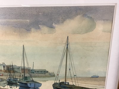 Lot 279 - Watercolour of boats in glazed gilt frame, Aubrey Williams limited edition print -Woodbridge Tide Mill, no. 241/250 and one other framed and glazed picture (3)