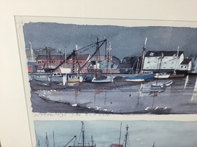 Lot 279 - Watercolour of boats in glazed gilt frame, Aubrey Williams limited edition print -Woodbridge Tide Mill, no. 241/250 and one other framed and glazed picture (3)