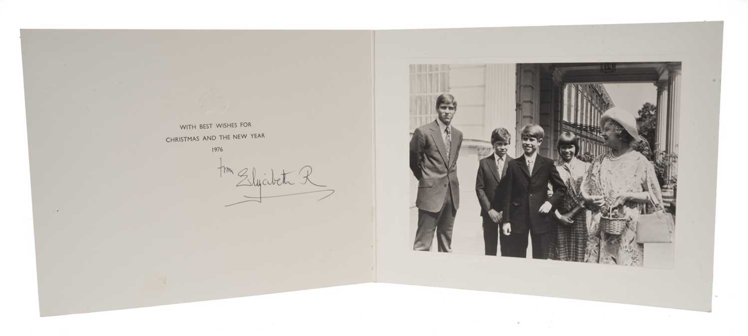 Lot 65 - H.M.Queen Elizabeth The Queen Mother, signed 1976 Christmas card with gilt crown to cover, photograph of The Queen Mother with four of her grandchildren outside Clarence House to the interior, sign...