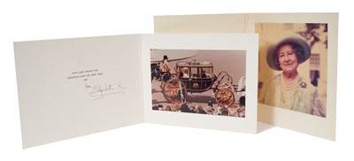 Lot 66 - H.M.Queen Elizabeth The Queen Mother, signed 1977 Christmas card with gilt crown to cover, photograph of The Queen Mother and Prince Andrew and Prince Edward travelling in a Royal coach to the inte...