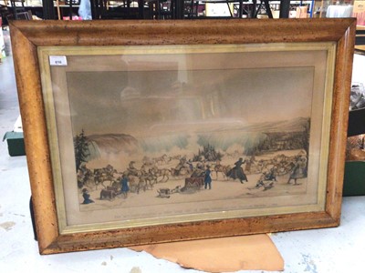 Lot 616 - Victorian lithographic print- The 43rd Light Infantry as they turn out in their sleighs at the falls of Niagara 1839, mounted in glazed maple frame.