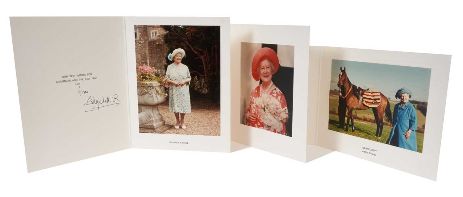 Lot 67 - H.M. Queen Elizabeth The Queen Mother, three signed 1990s Christmas cards for 1991,1992 and 1994 all with delightful colour photographs of Her Majesty to the interiors and signed 'from Elizabeth R'