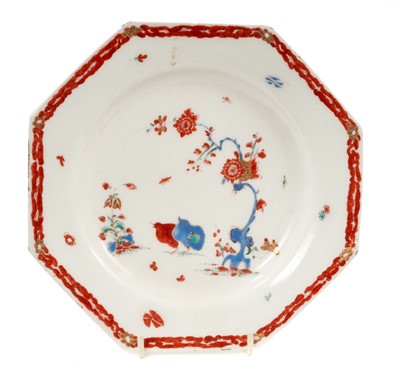 Lot 242 - A Bow octagonal plate, circa 1765, polychrome decorated with the Two Quail pattern, 19.5cm across
