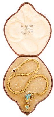 Lot 621 - Victorian gold turquoise and diamond snake necklace in original fitted leather box retailed by C F Hancock 39 Bruton Street, London.