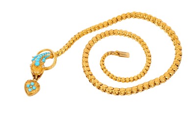 Lot 621 - Victorian gold turquoise and diamond snake necklace in original fitted leather box retailed by C F Hancock 39 Bruton Street, London.