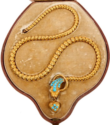 Lot 621 - Victorian gold turquoise and diamond snake necklace in original fitted leather box retailed by C F Hancock 39 Bruton Street, London.