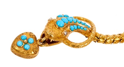 Lot 621 - Victorian gold turquoise and diamond snake necklace in original fitted leather box retailed by C F Hancock 39 Bruton Street, London.