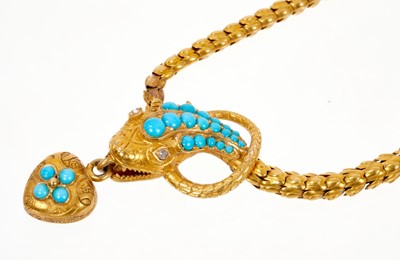 Lot 621 - Victorian gold turquoise and diamond snake necklace in original fitted leather box retailed by C F Hancock 39 Bruton Street, London.