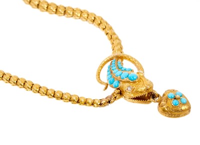 Lot 621 - Victorian gold turquoise and diamond snake necklace in original fitted leather box retailed by C F Hancock 39 Bruton Street, London.