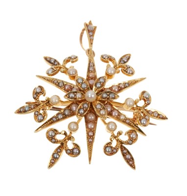 Lot 733 - Victorian 15ct gold and seed pearl snowflake pendant/brooch with detachable brooch fitting