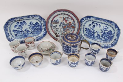 Lot 245 - A group of 18th century Chinese export porcelain, including a pair of blue and white ashets, a fluted teapot, cups, tea bowls, saucer and a plate