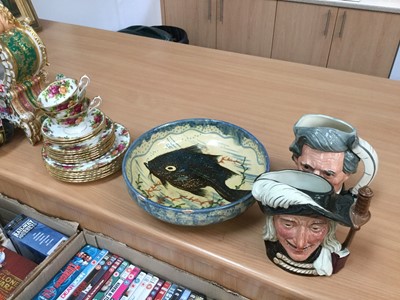 Lot 622 - Two Royal Doulton character jugs, Royal Albert Old Country Roses pattern ceramics and a studio pottery bowl.