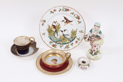 Lot 247 - Two 19th century Paris cups and saucers, a Samson moulded plate decorated with birds, a Samson figure and a Dresden inkwell