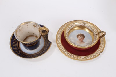 Lot 247 - Two 19th century Paris cups and saucers, a Samson moulded plate decorated with birds, a Samson figure and a Dresden inkwell