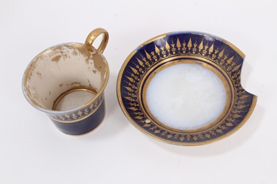 Lot 247 - Two 19th century Paris cups and saucers, a Samson moulded plate decorated with birds, a Samson figure and a Dresden inkwell