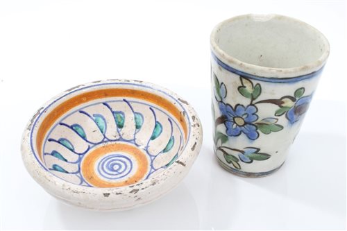 Lot 64 - Antique Iznic pottery beaker with polychrome...