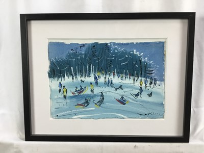 Lot 172 - Alan Halliday, British (b.1952) three signed framed works on paper - two watercolours of winter landscapes and one signed print of an orchard