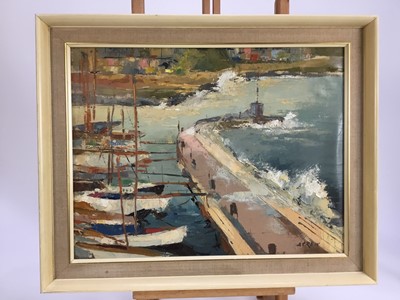 Lot 140 - Victor Askew (1909-1974) oil on board, harbour scene