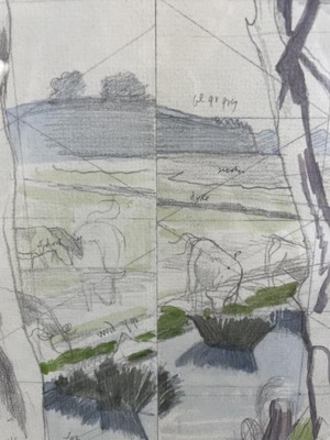 Lot 1168 - *John Northcote Nash (1893-1977) watercolour - landscape with cattle, squared for transfer and annotated in pencil, signed and dated 1971, 22.5cm x 38cm, in glazed frame