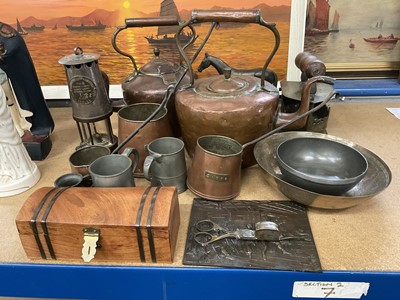 Lot 217 - Horse sculpture, miner’s lamp, copper kettles and and various other metalwares