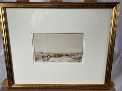 Lot 1311 - Norwich School, 19th century, pair of sepia watercolours - East Anglian Landscapes, 13.5cm x 19cm and 12cm x 19cm, in glazed gilt frames. Mandell's Gallery labels verso