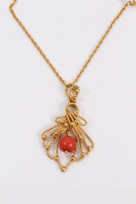 Lot 49 - Continental 18ct gold filigree coral bead pendant on chain