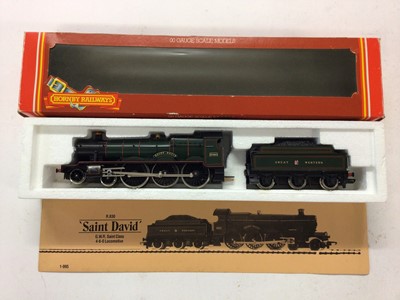 Lot 79 - Hornby OO gauge locomotives LMS maroon 4-4-0 Compound Class 4P locomotive and tender 1000, R376, LMS maroon 4-6-0 Class 5 locomotive and tender 4657, R842, GWR lined green 4-6-0 Saint Class 'Saint...
