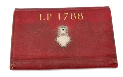 Lot 915 - Rare 18th century Ottoman type red leather wallet, with silvered external and internal clasps and marbled paper lining, gilt impressed initials and dated 'I.P. 1788', 19cm wide