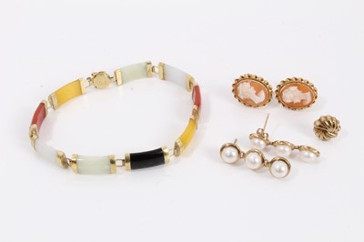 Lot 772 - Chinese gold-mounted hardstone bracelet together with gold mounted earrings