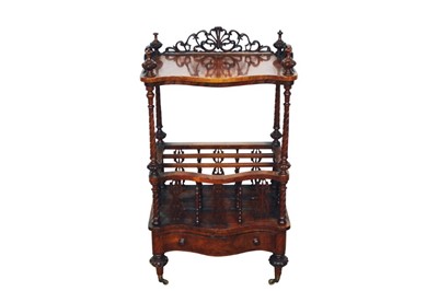 Lot 1404 - Victorian walnut canterbury whatnot, of serpentine form with pierced gallery and shelf raised on spiral carved supports with divisioned canterbury below and frieze drawer raised on carved legs and...