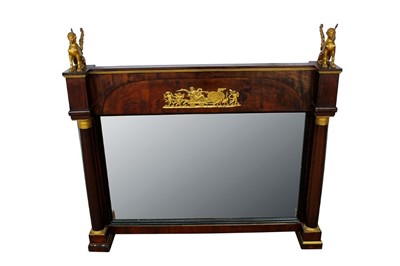 Lot 1406 - Early 19th century Continental walnut and ormolu wall mirror, in the Empire style, with rectangular plate flanked by projecting columns, the frieze with relief classical plaque and twin splinx surm...