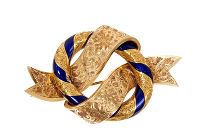 Lot 631 - Victorian gold and blue enamel knot brooch