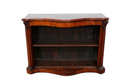 Lot 1414 - Victorian figured walnut serpentine open bookcase, flanked by reeded angles, on plinth base, 120cm wide x 41cm deep x 88cm high