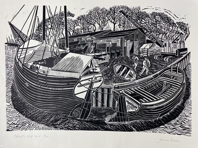 Lot 1182 - *James Dodds (b.1957) signed limited edition linocut - Patient's Ship Yard, 5/75, unframed, 64cm x 71cm