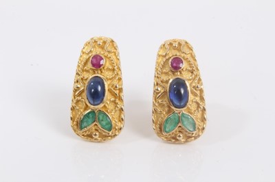 Lot 796 - Pair of 14ct gold ruby sapphire and emerald earrings