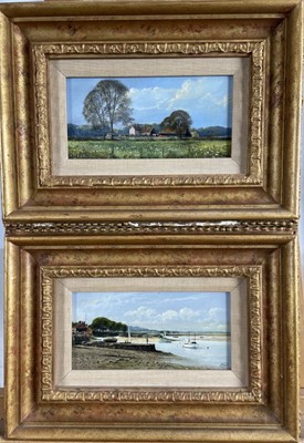 Lot 1177 - Clive Madgewick (1934-2005) two oils on board - rural landscape and moored boats, 11cm x 20cm, in gilt frames