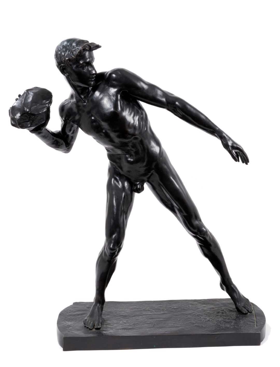 Lot 940 - After Hamo Thornycroft (1850-1925) bronze sculpture, Putting the stone, signed and dated 1880, 68cm high