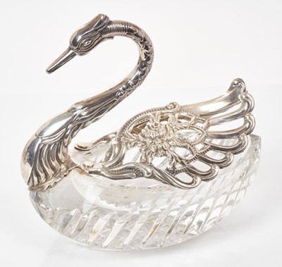 Lot 470 - Continental silver mounted cut glass posy vase / bowl in the form of a Swan