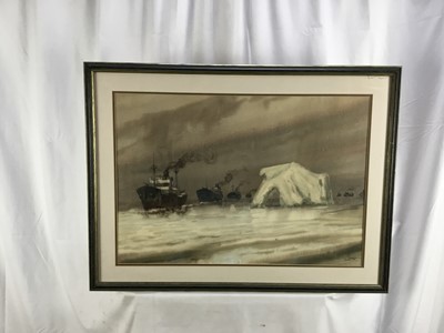 Lot 65 - Georgy Chelak (b.1914) watercolour on paper - Convoy off Greenland, 64cm x 44cm, mounted in glazed frame (79cm x 59cm overall)