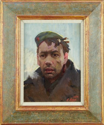 Lot 1180 - Evgeni Chuikov (1922-1993), oil on board, portrait, 'The Soldier', signed and dated 1954, 32cm x 23cm, in glazed frame