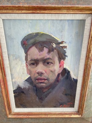 Lot 1180 - Evgeni Chuikov (1922-1993), oil on board, portrait, 'The Soldier', signed and dated 1954, 32cm x 23cm, in glazed frame