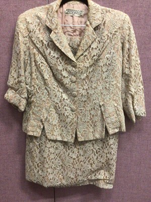 Lot 2095 - Evening dresss 1950's / 60's makes include MDF Couture, Stefney plus a lace suit by Germaine Lecomte Paris. Also two evening bags.
