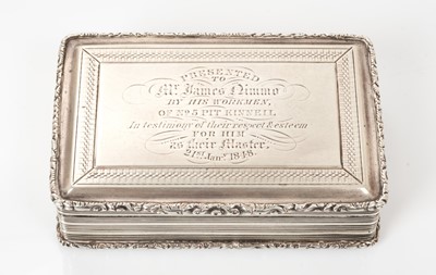 Lot 474 - Early Victorian silver snuff box of rectangular form, with reeded and engine turned decoration hinged cover