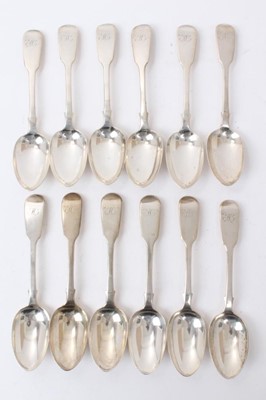 Lot 480 - Set of twelve Victorian silver fiddle pattern dessert spoons, each engraved with a letter H