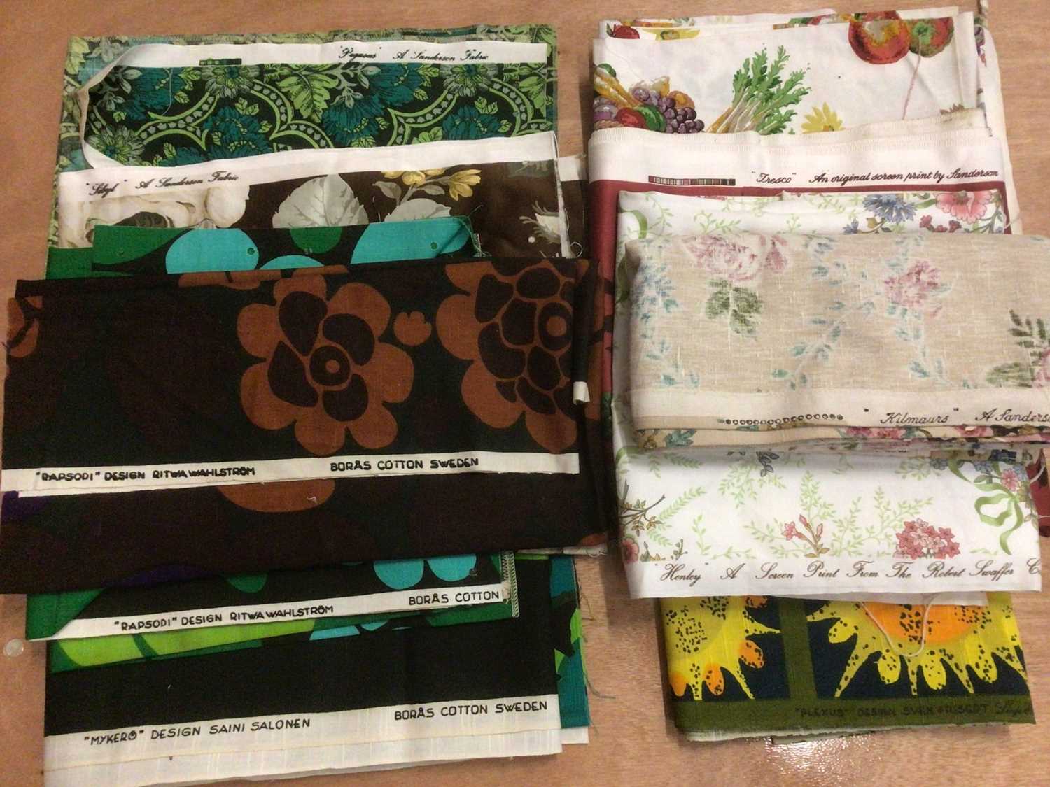 Lot 2104 - Box of vintage fabrics including 1970's designs. Swedish screen prints Rapsodi by Rita Wahlstrom, green and brown , Mykero by Saini Salonen, Plexus by Sven Frisedt.  Sanderson's Kilmaurs, Henley,...