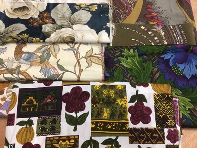 Lot 2104 - Box of vintage fabrics including 1970's designs. Swedish screen prints Rapsodi by Rita Wahlstrom, green and brown , Mykero by Saini Salonen, Plexus by Sven Frisedt.  Sanderson's Kilmaurs, Henley,...
